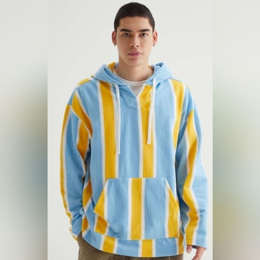 NWT Urban Outfitters UO Striped Terry Hoodie Sweatshirt Mens Small Blue Yellow